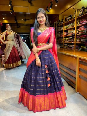 Navy Blue with Pink Cotton Half Saree