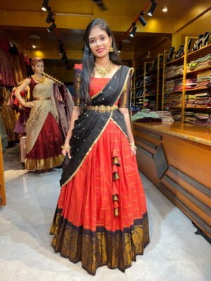 Burnt Orange with Black Cotton Half Saree