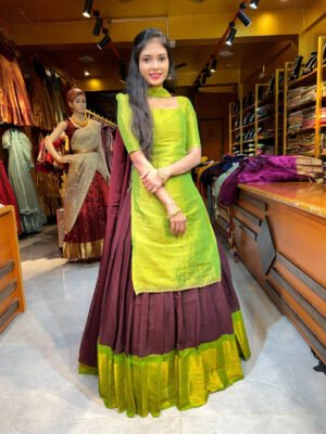 Mehendi Green Embroidery With Coffee Top and Skirt