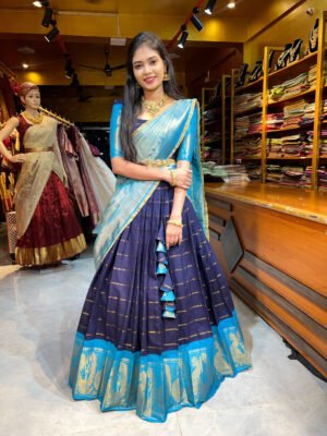 Navy Blue with Sea Blue Cotton Half Saree