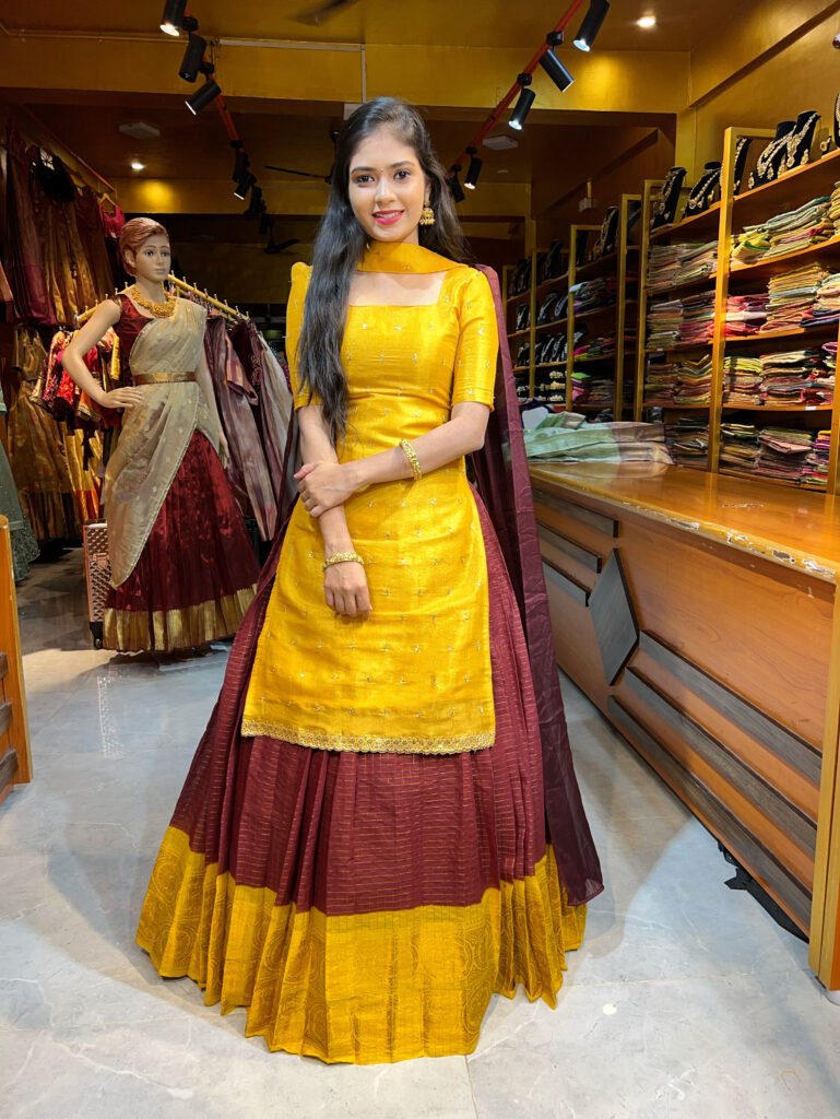 Mustard Embroidery With Coffee Top and Skirt