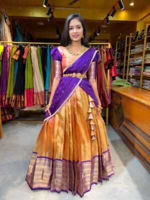 Peach with Purple Banaras Half Saree