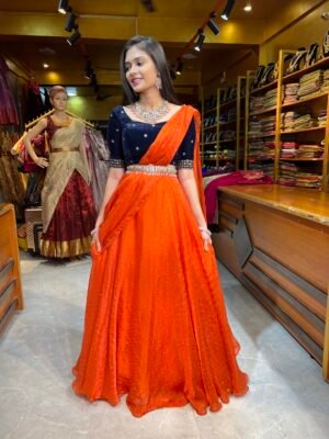 Navy Blue Velvet With Burnt Orange 3 in 1 Lehenga