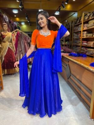 Orange Velvet With Pepsi Blue 3 in 1 Lehenga