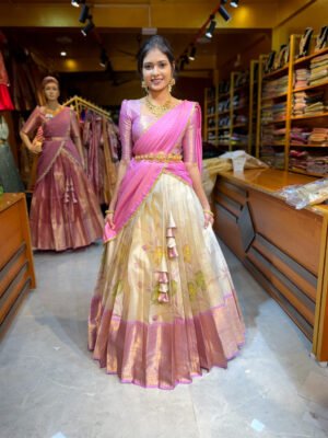 Off White with Pink Floral Tissue Half Saree
