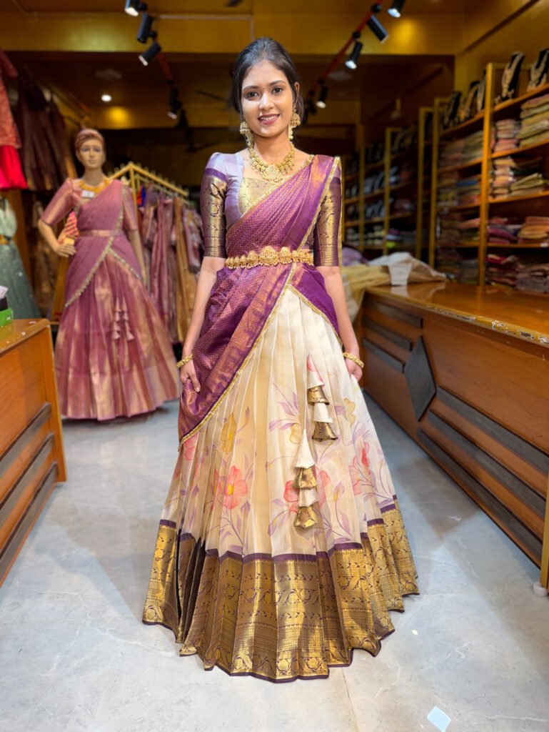 Off White with Magenta Floral Tissue Half Saree