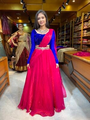 Pepsi Blue Velvet With Rani Pink Green 3 in 1 Lehenga