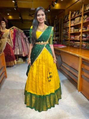 Yellow with Bottle Green Cotton Half Saree