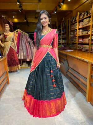 Bottle Green with Pink Cotton Half Saree