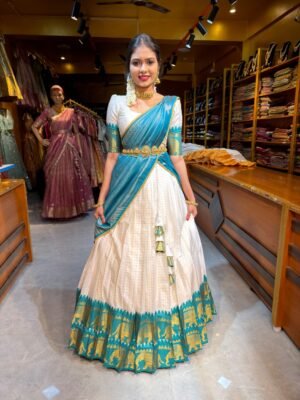 Off White with Rama Blue Tissue Half saree