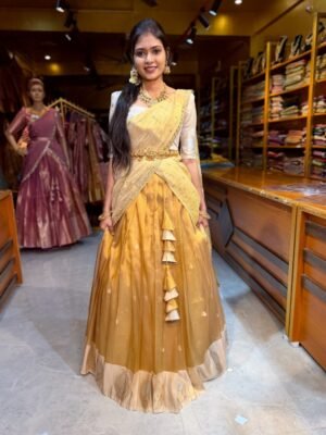 Gold with Off White Tissue Silk Half Saree