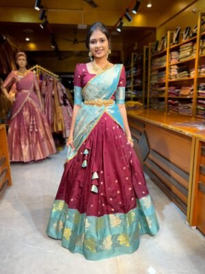 Maroon with Sea Blue Warm Silk Half Saree
