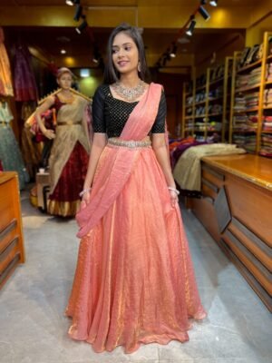 Black Velvet With Peach Pink 3 in 1 Lehenga