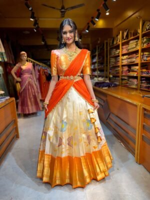 Off White with Orange Floral Tissue Half Saree