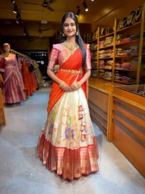 Off White with Red Floral Tissue Half Saree
