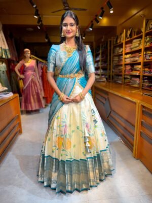 Off White with Rama Blue Floral Tissue Half Saree