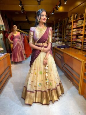 Off White with Coffee Floral Tissue Half Saree