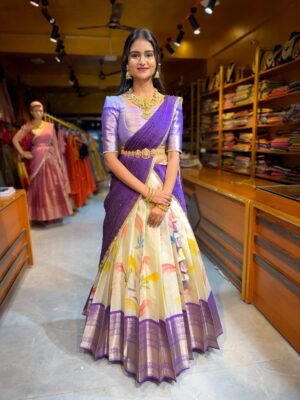 Off White with Purple Floral Tissue Half Saree