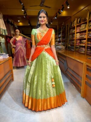 Green with Orange Tissue Half Saree