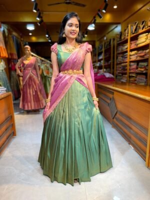 Apple Green with Rose Gold copper zari half saree
