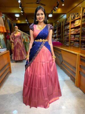 Dusty Pink with Navy Blue copper zari half saree