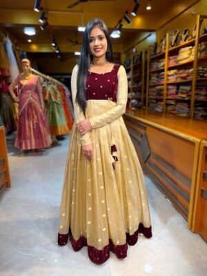 Maroon Velvet with Off White Tissue Gown