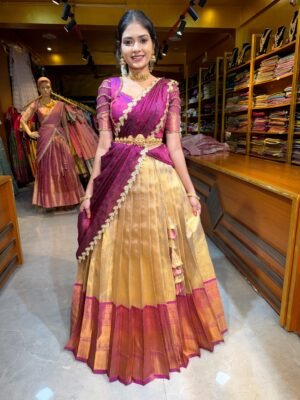Gold With Magenta Aari worked Half Saree