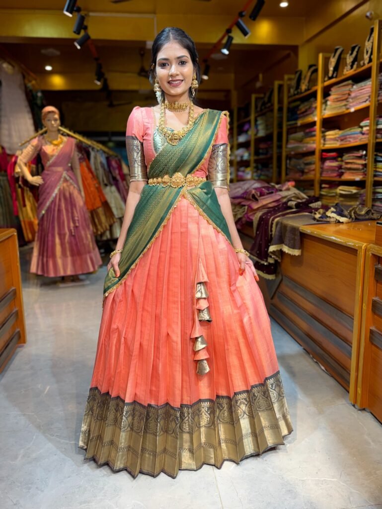 Peach with Bottle Green Tissue Half Saree