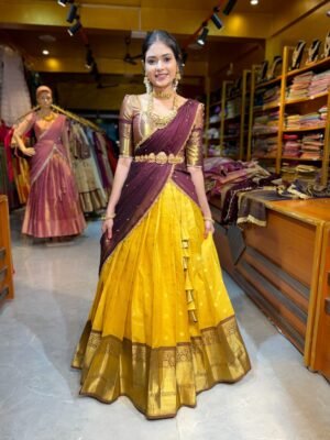 Yellow with Coffee Tissue Half Saree
