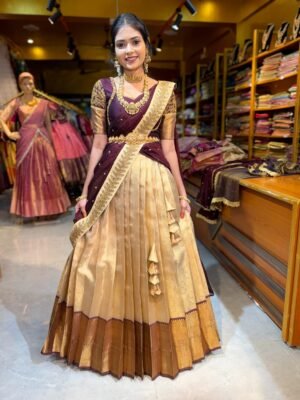 Gold With Coffee Aari worked Half Saree